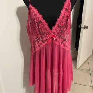 Pink Lace V-Neck Babydoll Pajamas